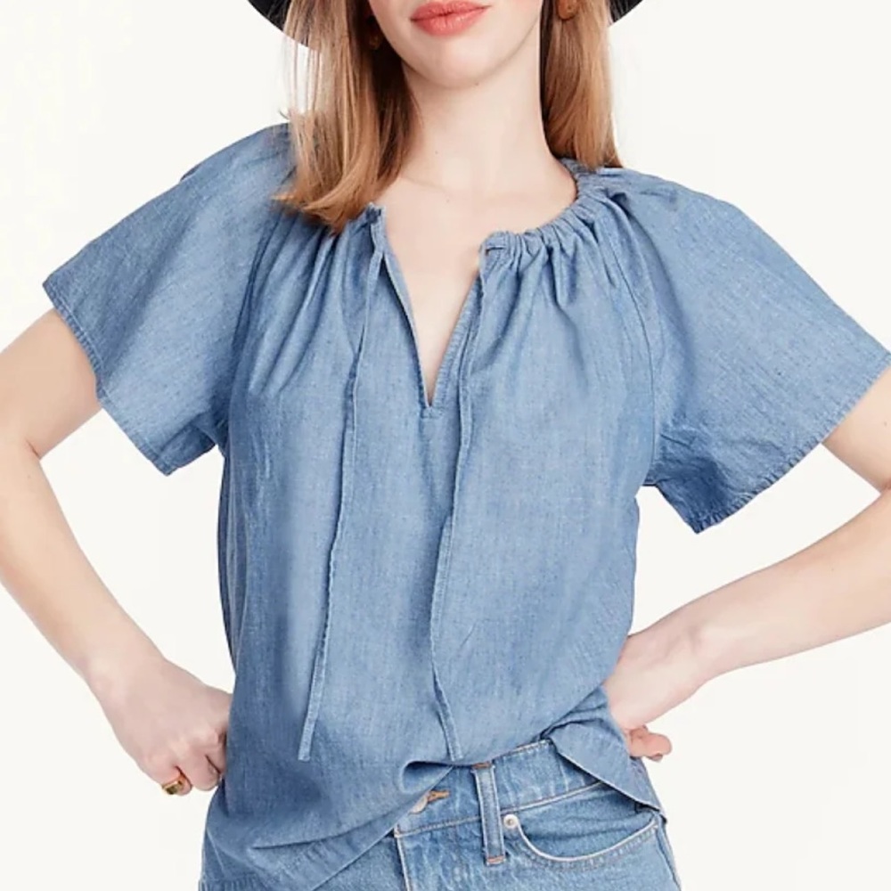 J. Crew Tie-Neck Chambray Ruched Top In Cranbury Blue Size S